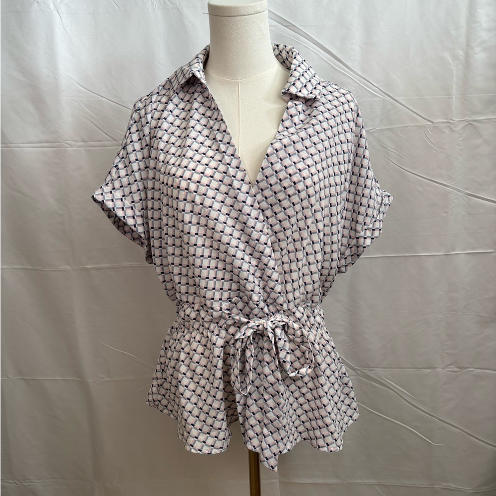 Sweet Rain Plaid Wrap Blouse Medium Pink‎ Blue Elastic Waist Peplum Top